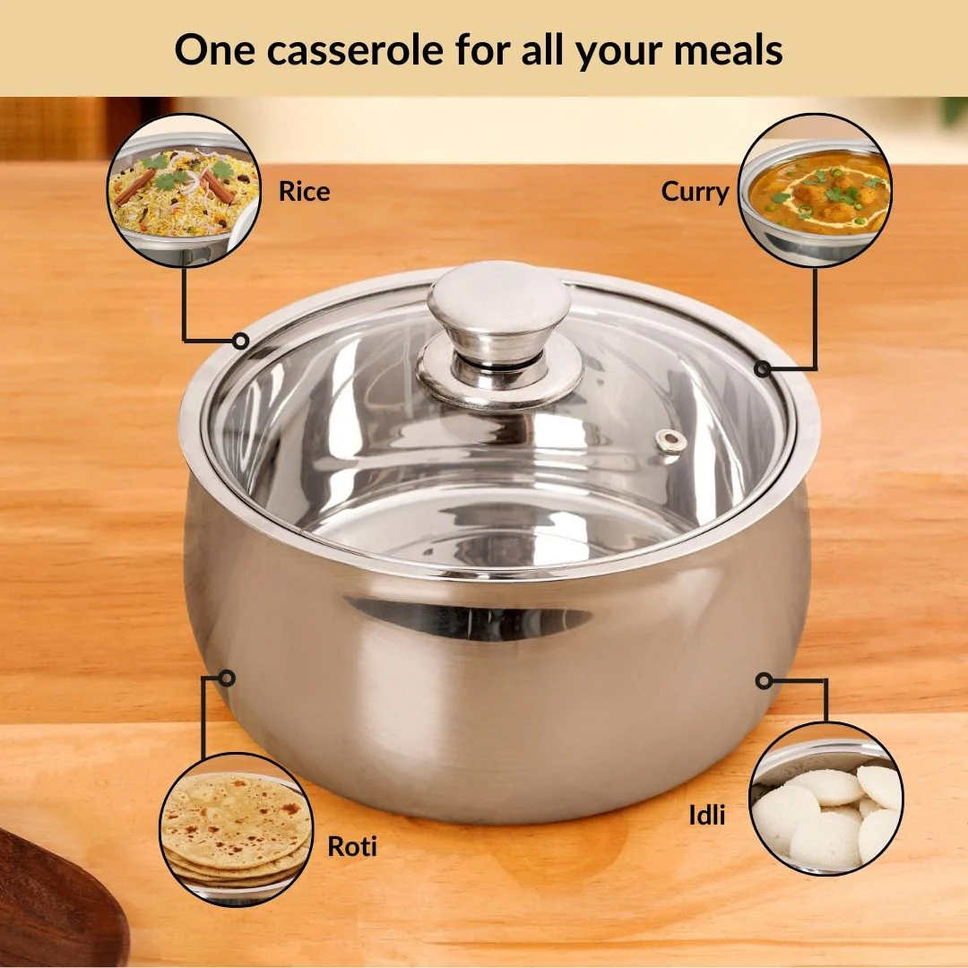 Stainless Steel Double Walled Casserole With Glass Lid 1000ml - Image 6