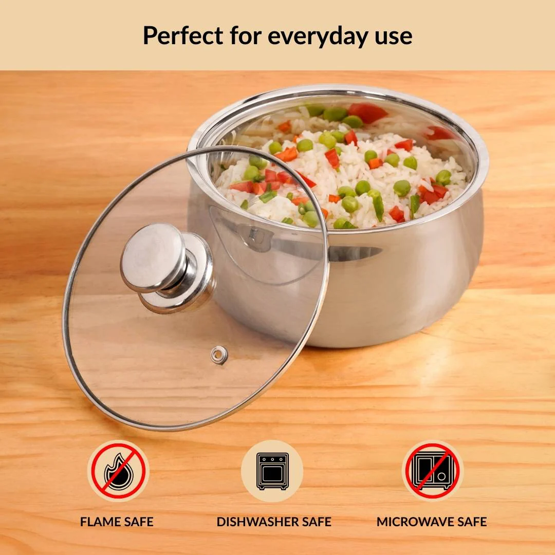 Stainless Steel Double Walled Casserole With Glass Lid 1000ml - Image 7