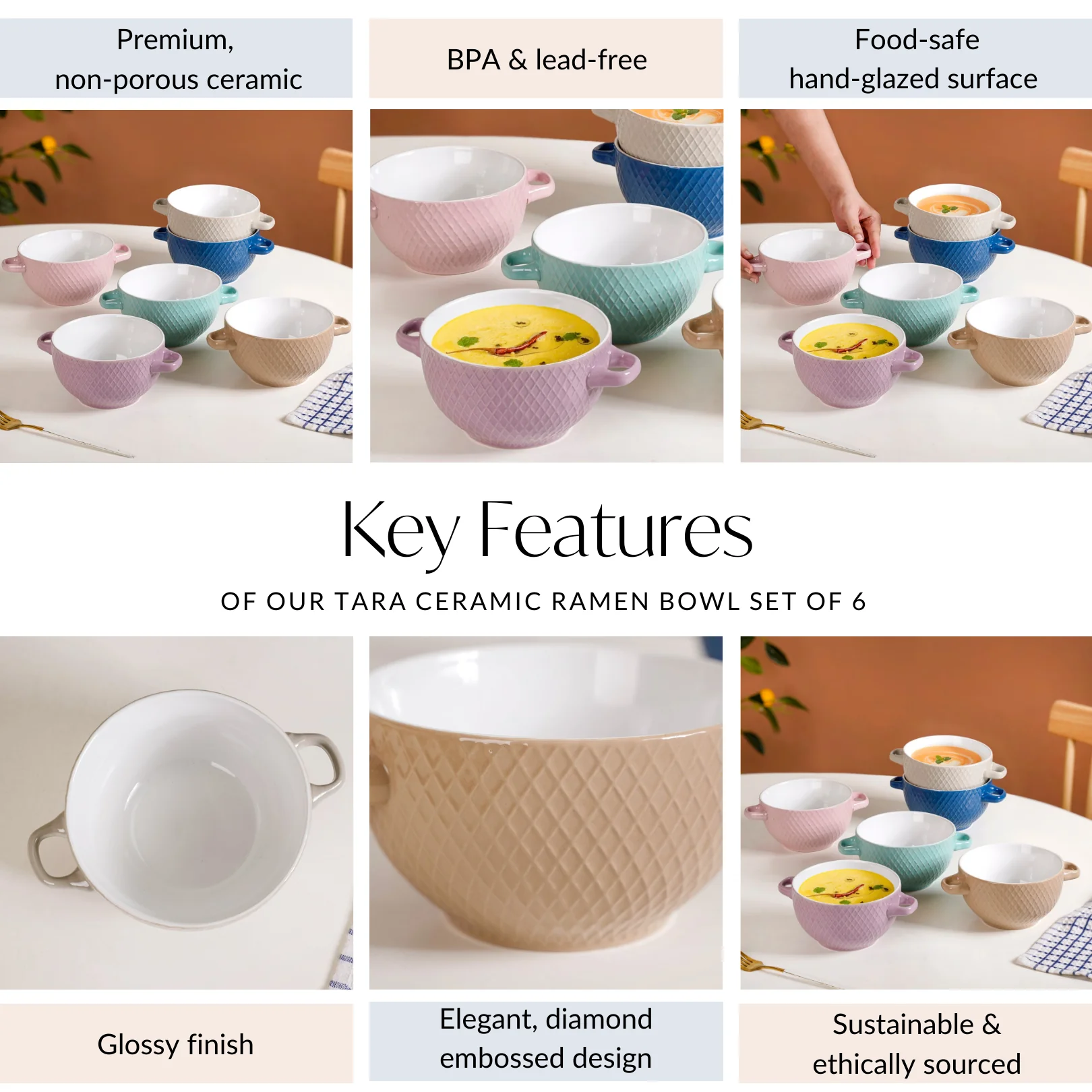 Tara Ceramic Bowl Set Of 6 Multicolour 650ml - Image 5