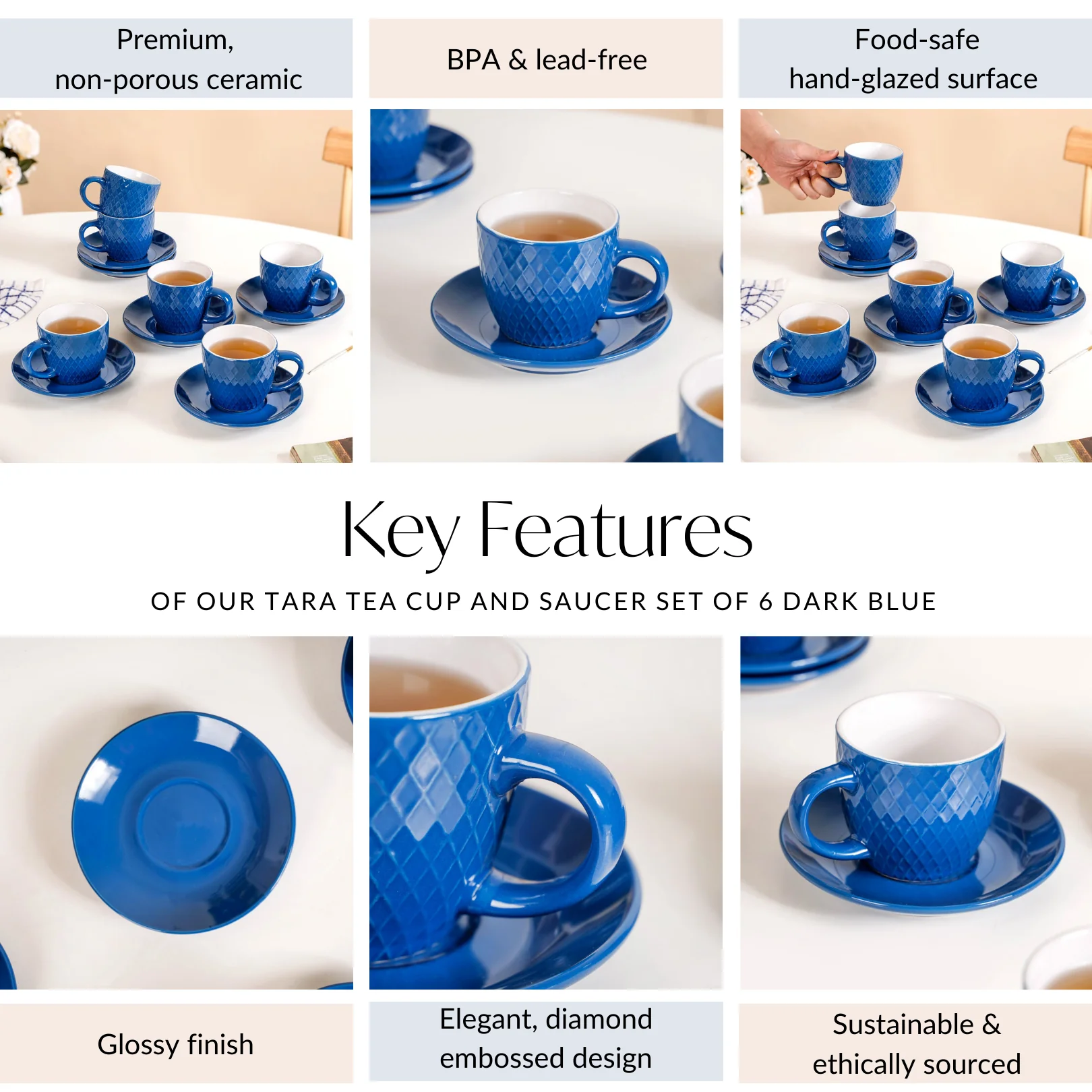 Tara Tea Cup And Saucer Set Of 6 Dark Blue 225ml - Image 5