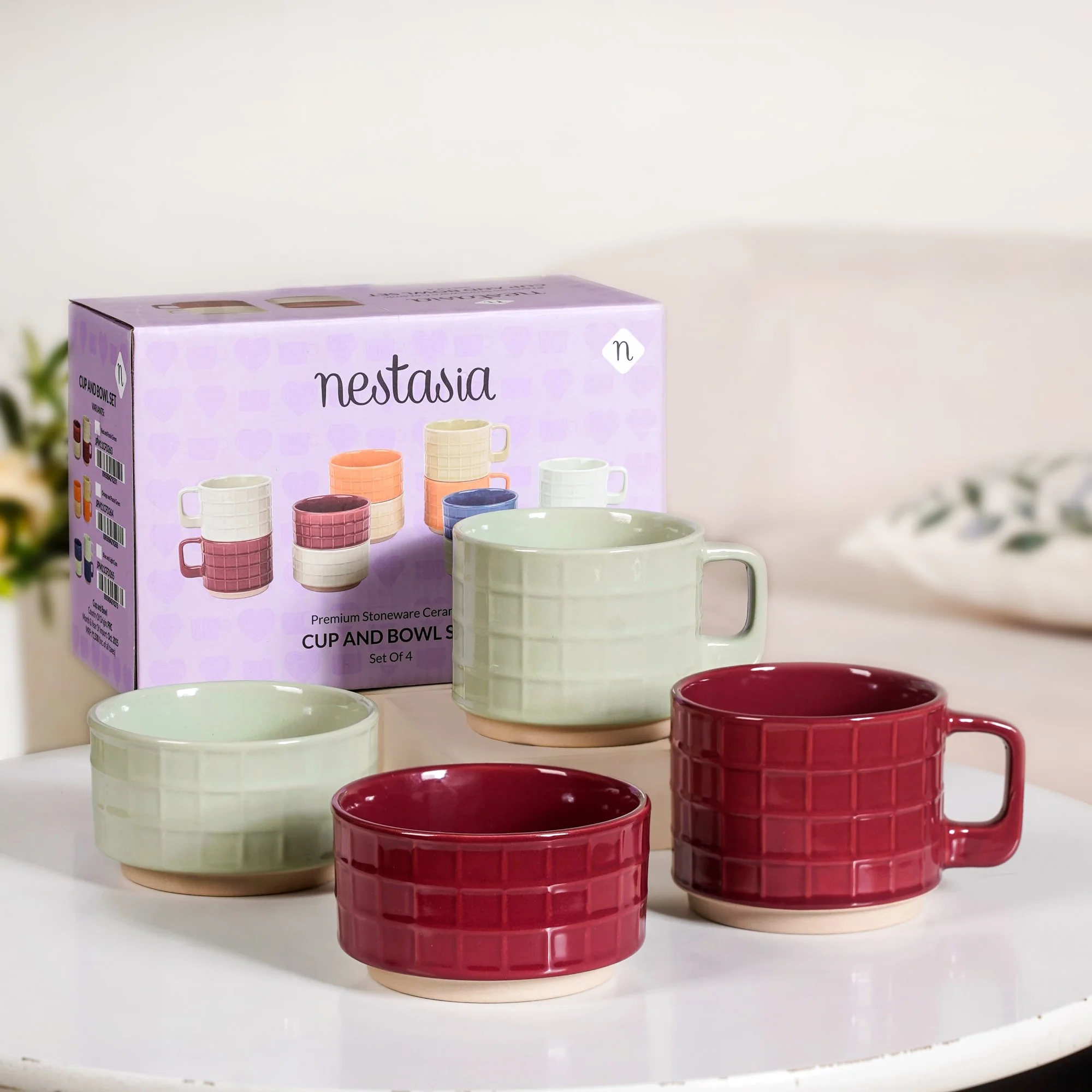 Tartan Stackable Ceramic 2 Cup 2 Bowl Set Mint Maroon - Image 2