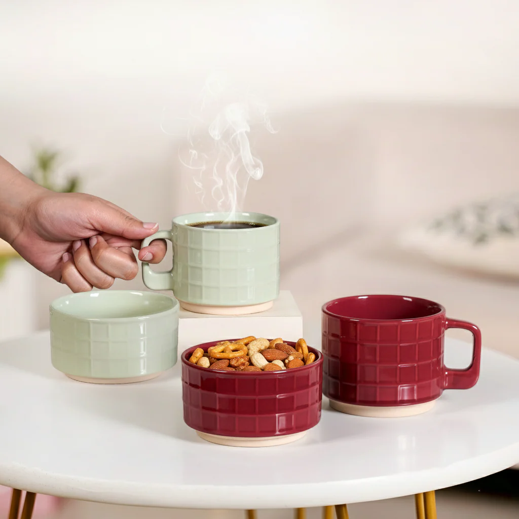 Tartan Stackable Ceramic 2 Cup 2 Bowl Set Mint Maroon - Image 3