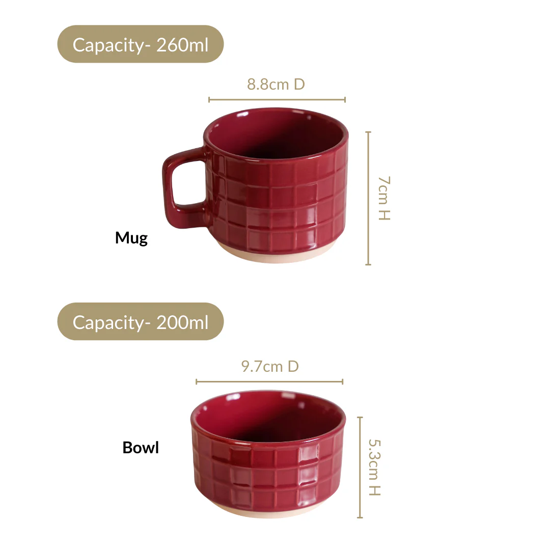 Tartan Stackable Ceramic 2 Cup 2 Bowl Set Mint Maroon - Image 4