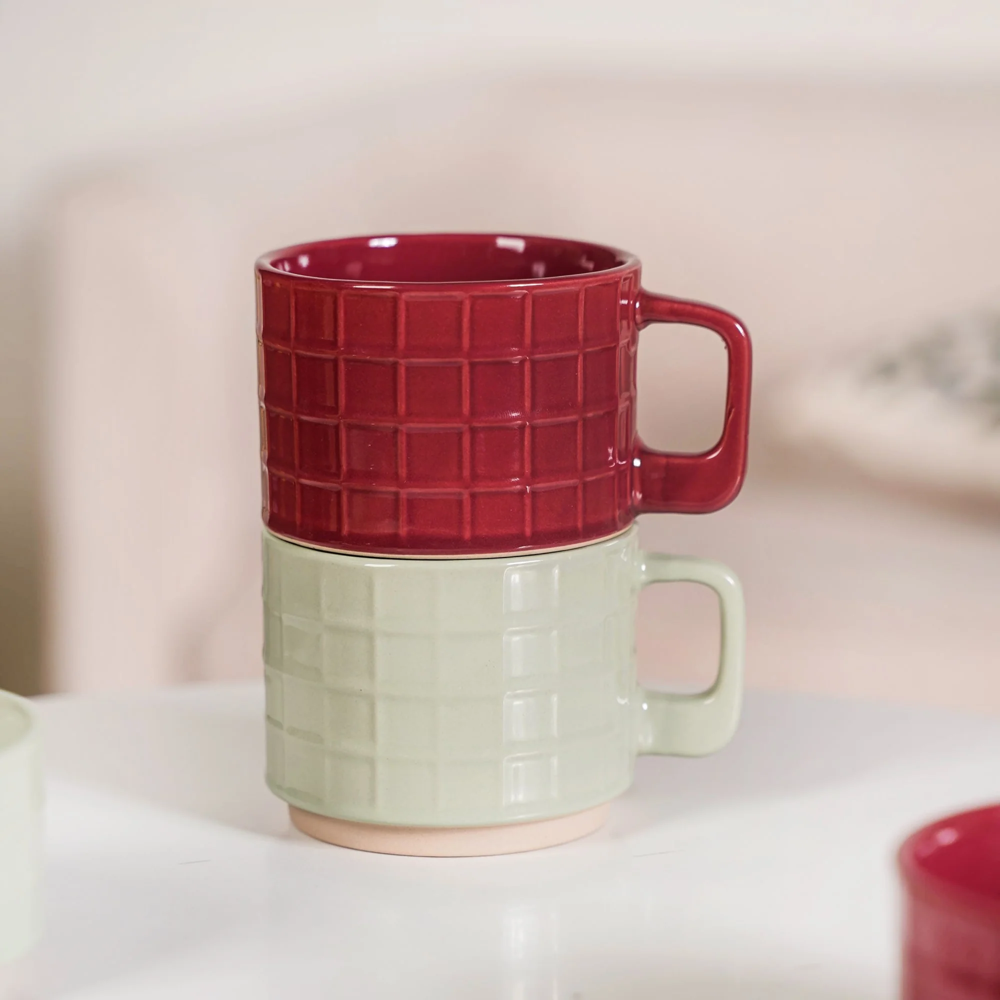 Tartan Stackable Ceramic 2 Cup 2 Bowl Set Mint Maroon - Image 6