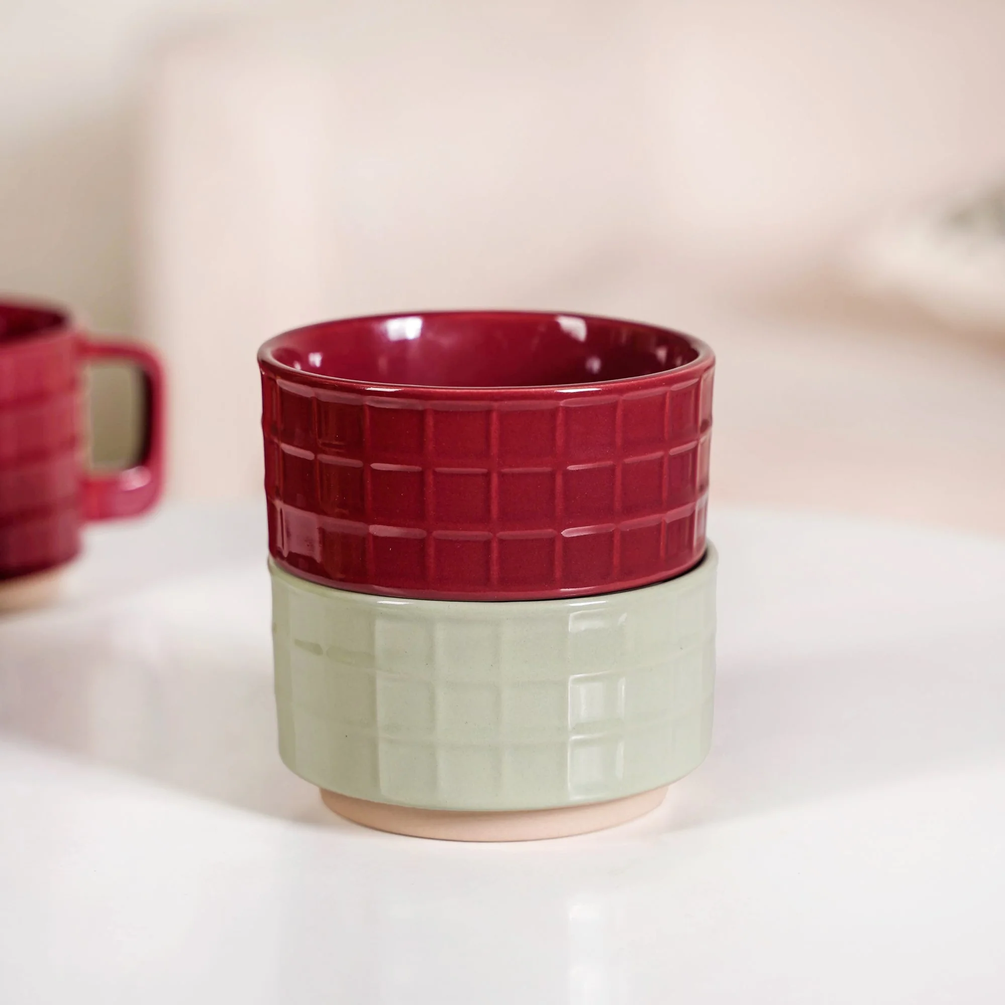 Tartan Stackable Ceramic 2 Cup 2 Bowl Set Mint Maroon - Image 7