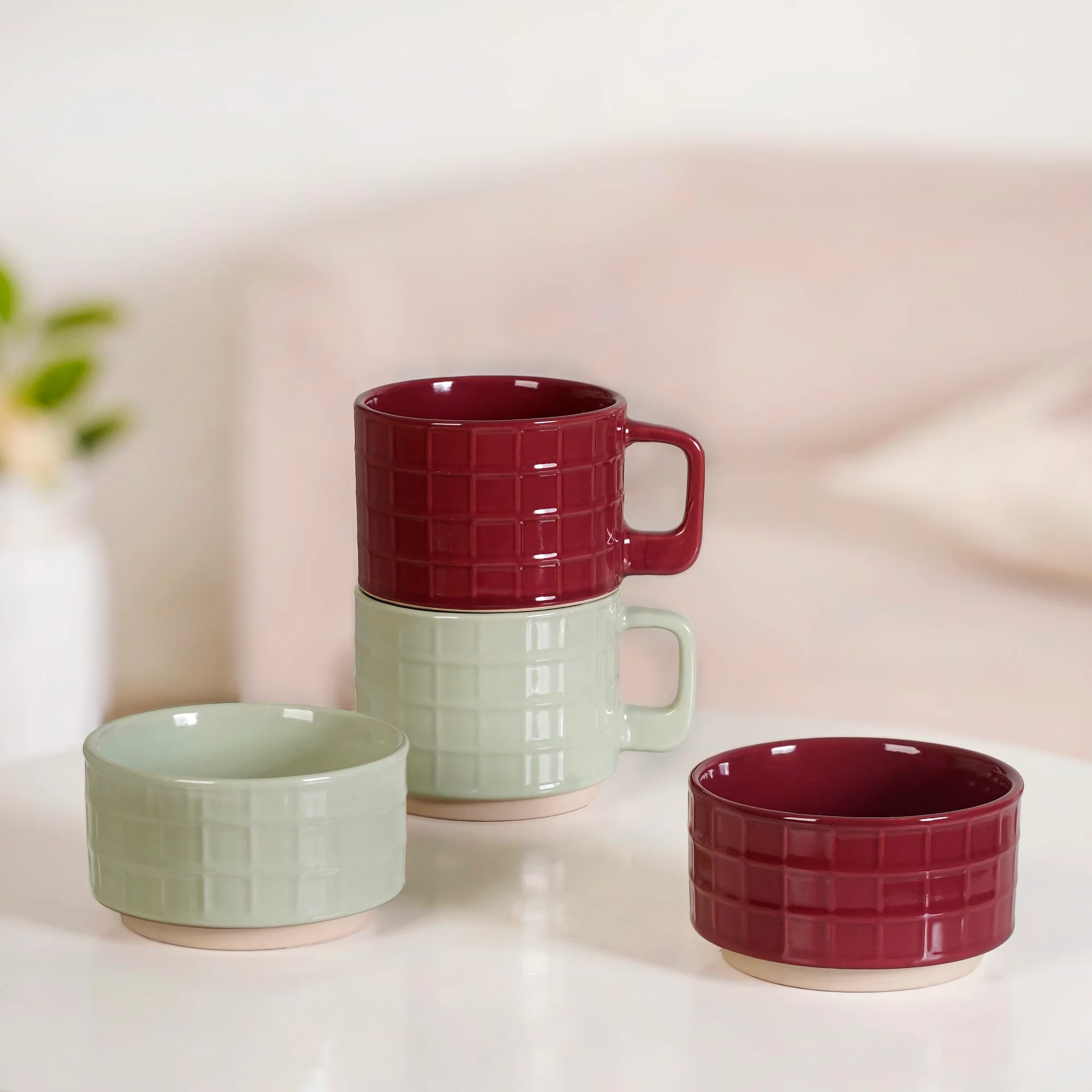 Tartan Stackable Ceramic 2 Cup 2 Bowl Set Mint Maroon - Image 8