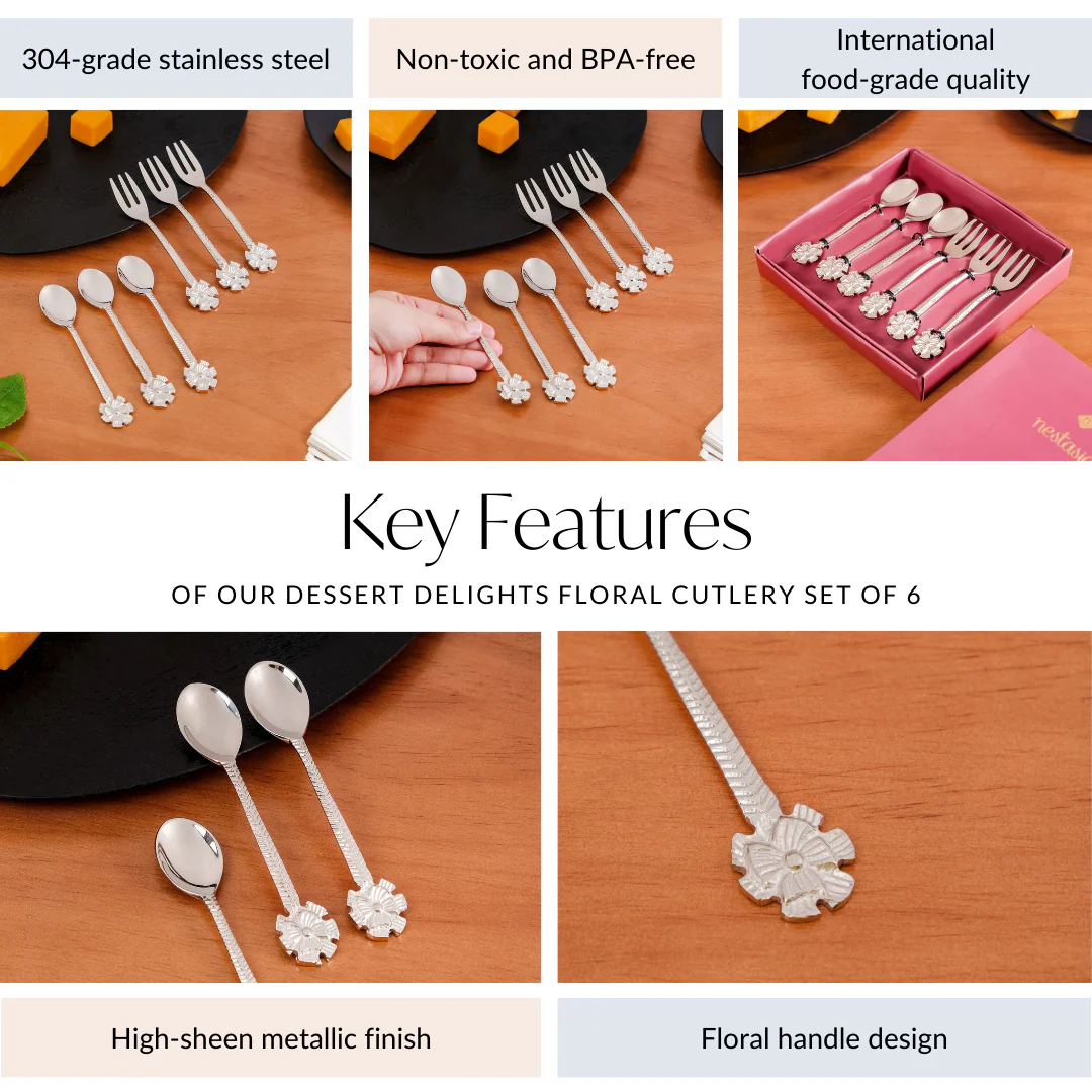 Spoon Fork Floral Cutlery For Desserts Set Of 6 - Image 4