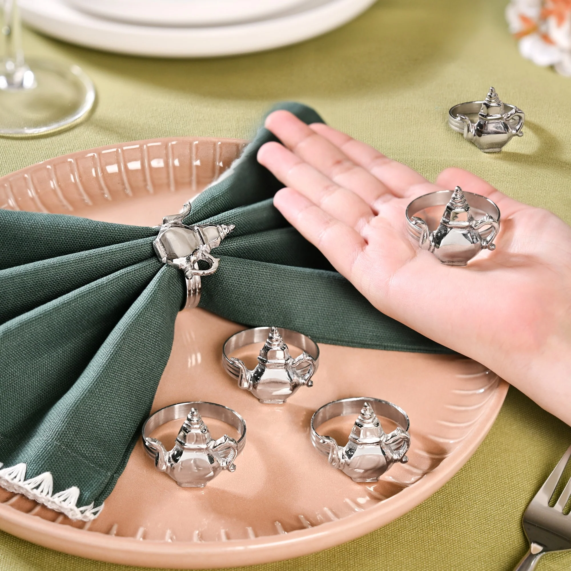 Teapot Pure Brass Napkin Ring Set Of 6 Silver - Image 2