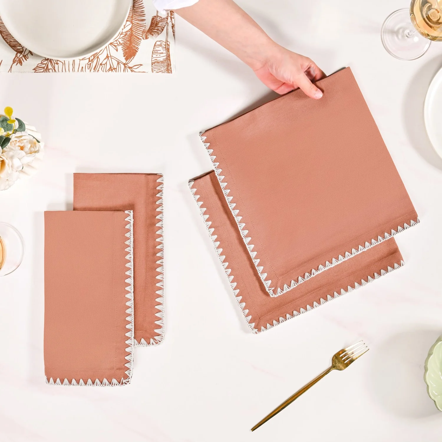 Terracotta Embroidered Edges Table Napkin Set Of 4 - Image 3