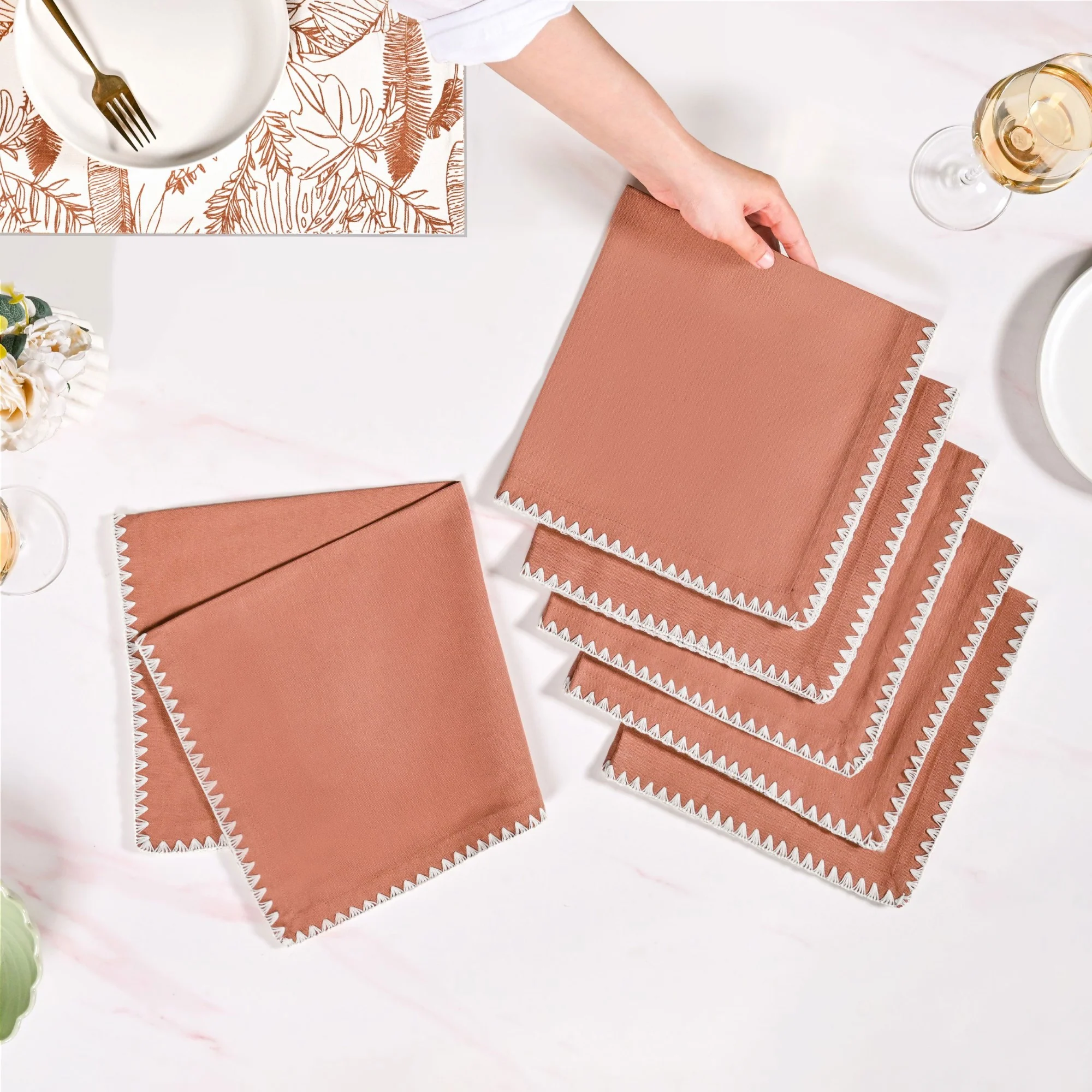 Terracotta Embroidered Edges Table Napkin Set Of 6 - Image 3