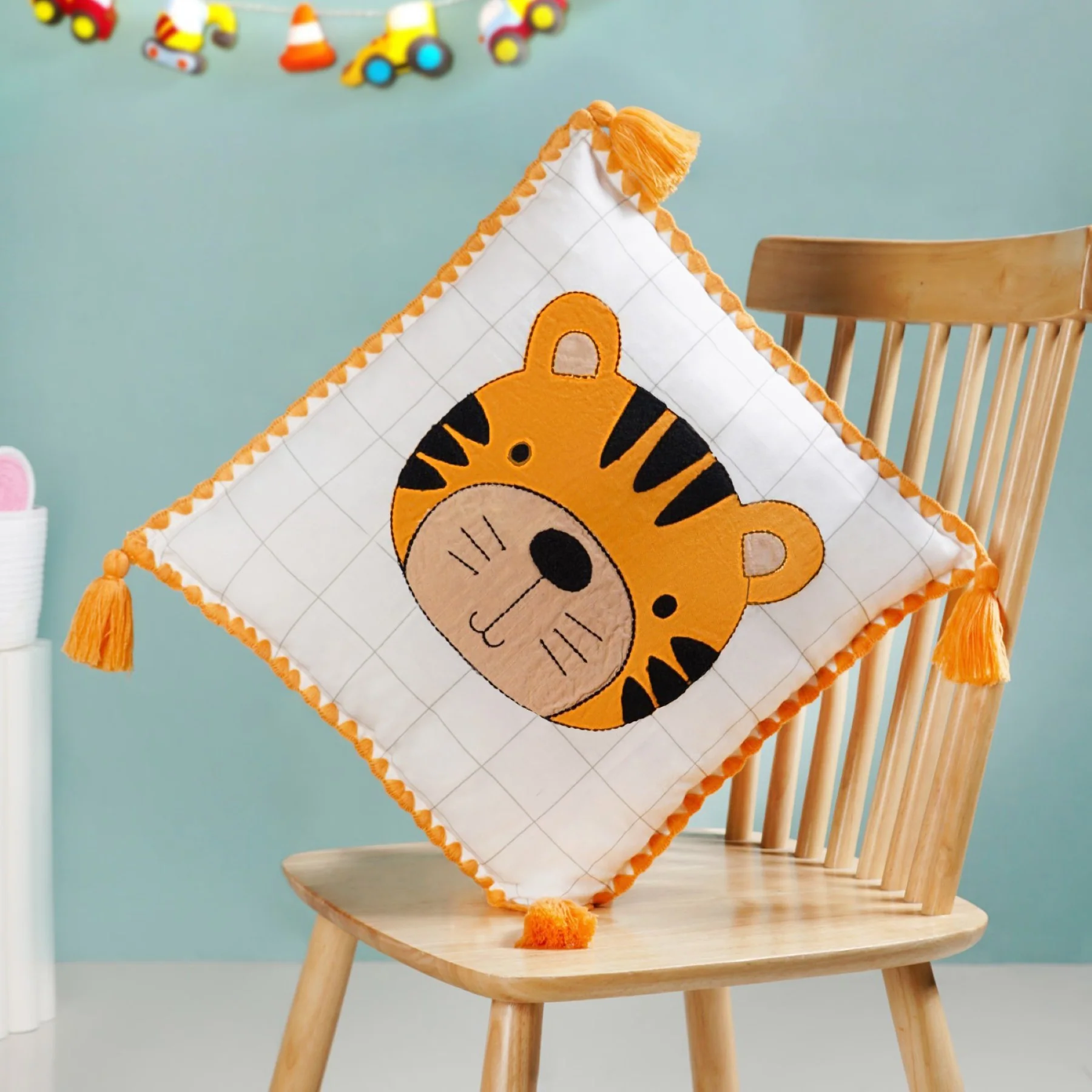 Tiger Embroidered Cotton Kids Cushion Cover 42x42cm - Image 2