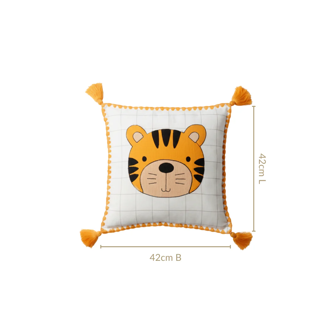 Tiger Embroidered Cotton Kids Cushion Cover 42x42cm - Image 3