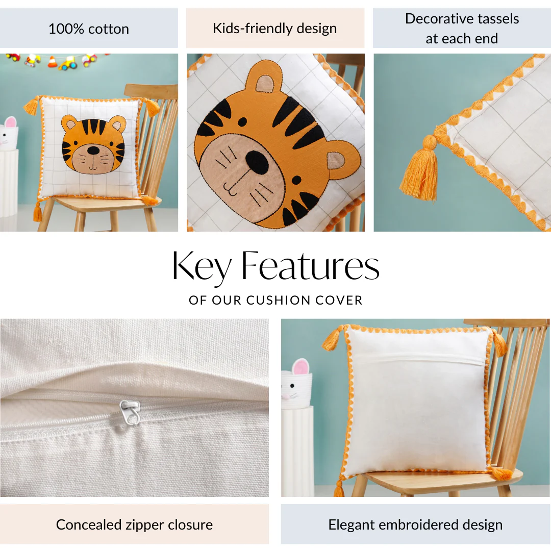 Tiger Embroidered Cotton Kids Cushion Cover 42x42cm - Image 4