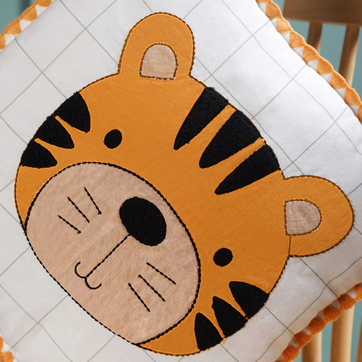 Tiger Embroidered Cotton Kids Cushion Cover 42x42cm - Image 5