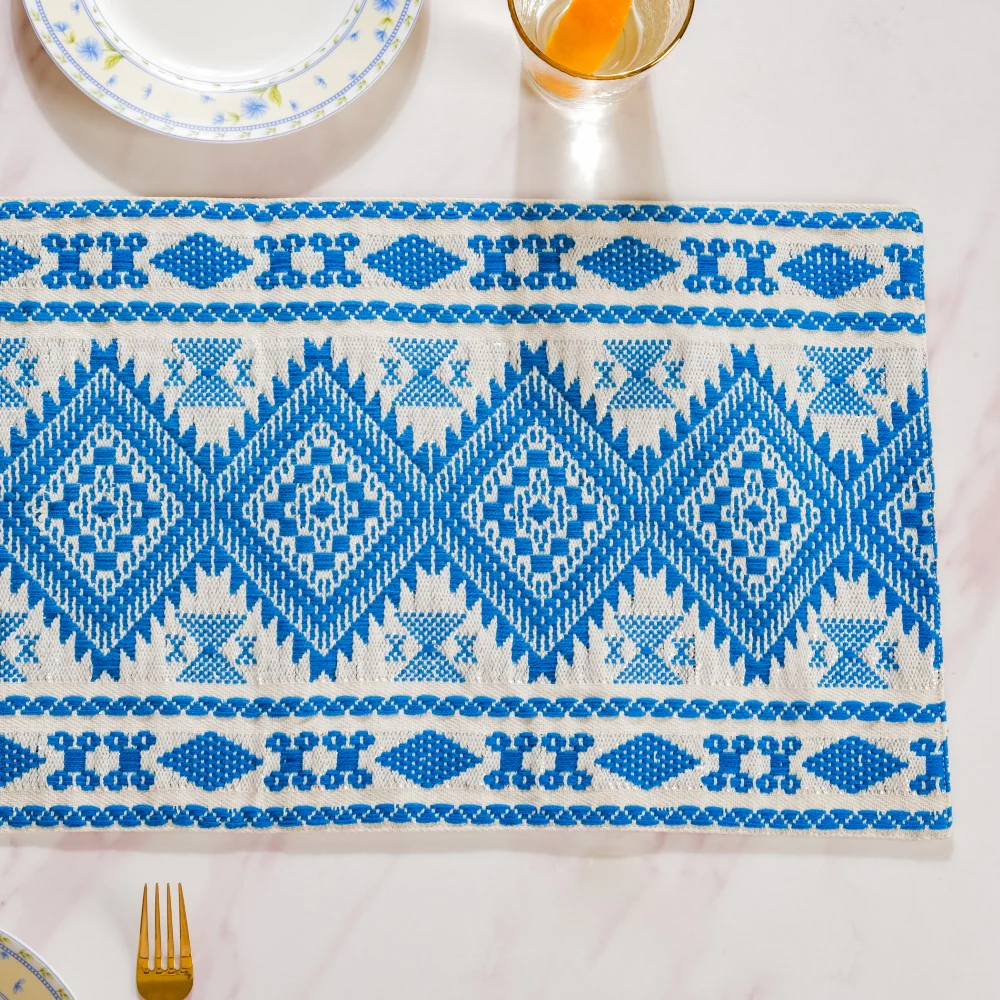Traditional Handloom Cushion Cover And Runner Blue Set Of 3 - Image 11
