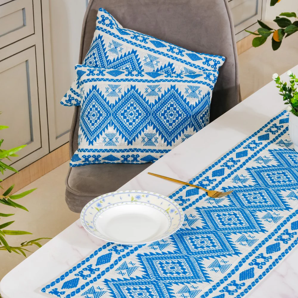 Traditional Handloom Cushion Cover And Runner Blue Set Of 3 - Image 3