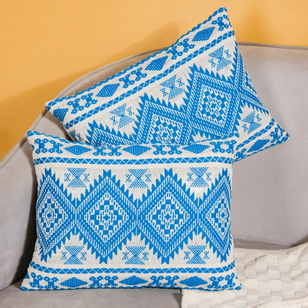Traditional Handloom Cushion Cover And Runner Blue Set Of 3 - Image 4