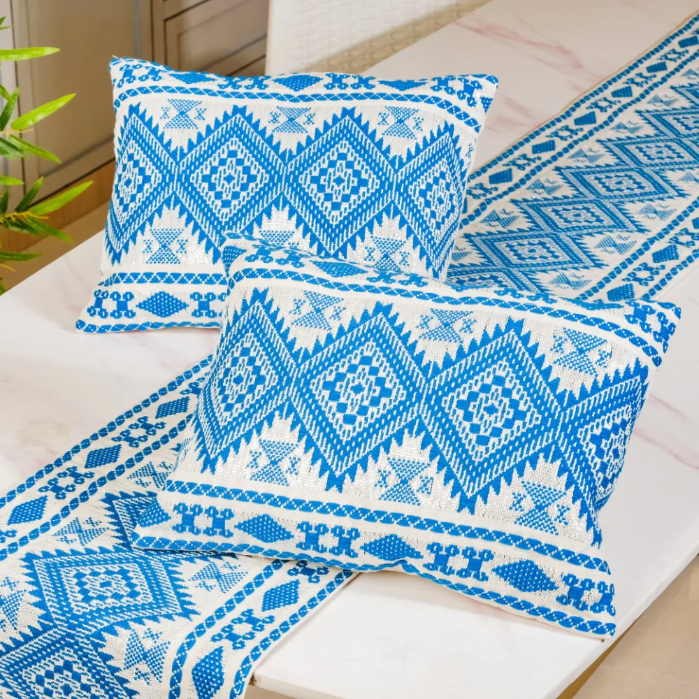Traditional Handloom Cushion Cover And Runner Blue Set Of 3 - Image 5