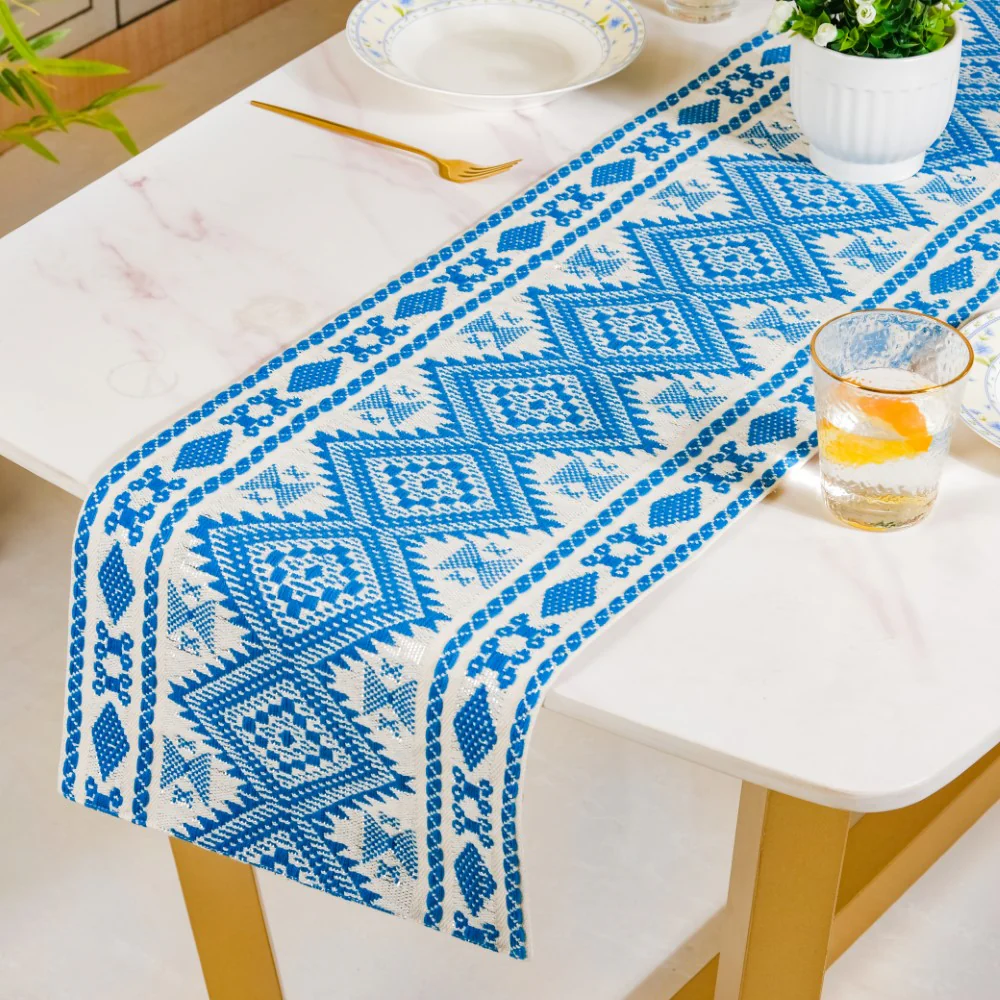 Traditional Handloom Cushion Cover And Runner Blue Set Of 3 - Image 6