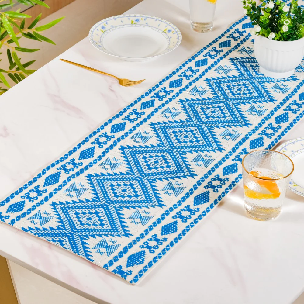 Traditional Handloom Cushion Cover And Runner Blue Set Of 3 - Image 8