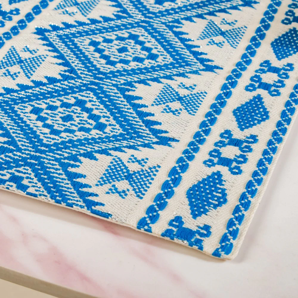Traditional Handloom Cushion Cover And Runner Blue Set Of 3 - Image 9