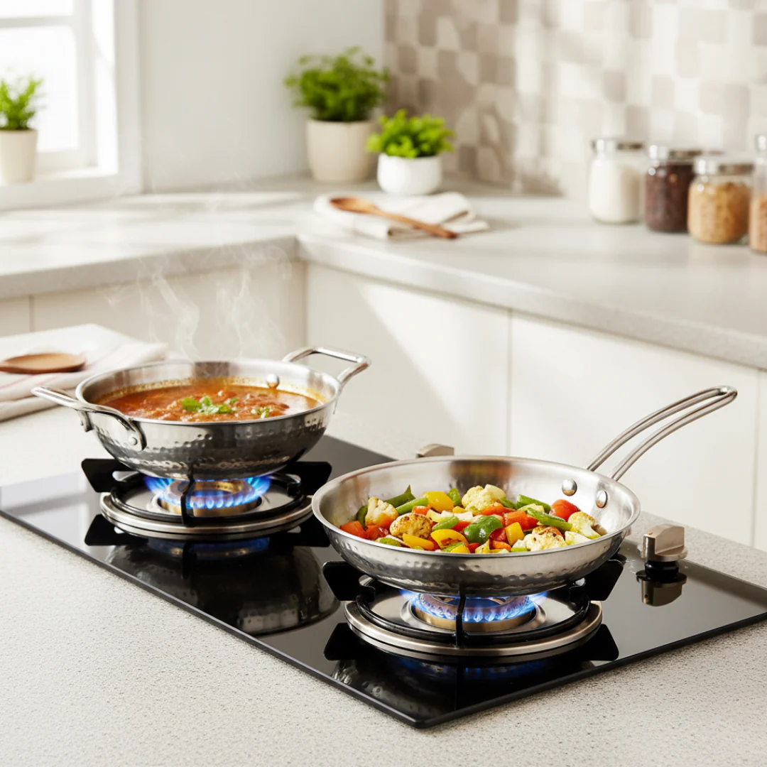 Triply Hammered Stainless Steel Cookware Set With Frying Pan And Kadai With Lid - Image 2