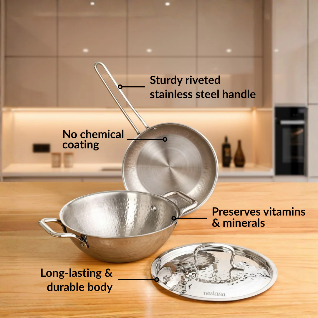 Triply Hammered Stainless Steel Cookware Set With Frying Pan And Kadai With Lid - Image 7