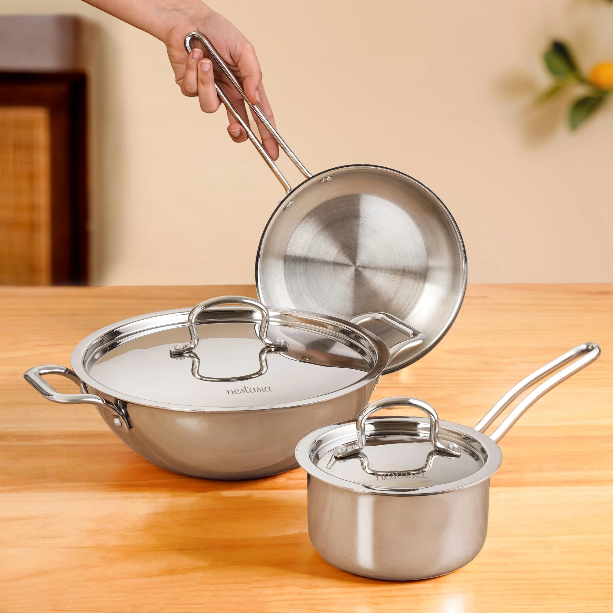 Triply Stainless Steel Kadai Frying Pan And Saucepan Cookware Set - Image 2