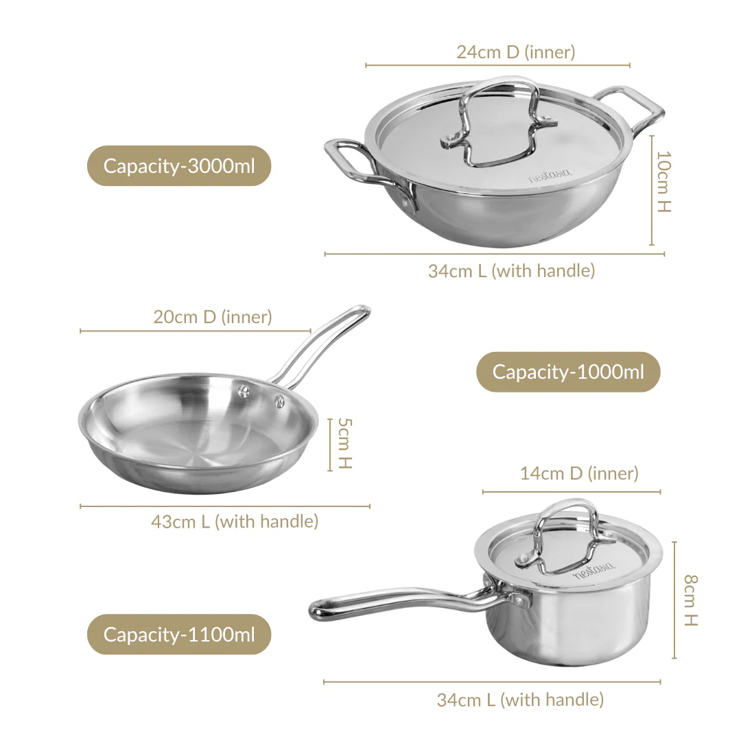 Triply Stainless Steel Kadai Frying Pan And Saucepan Cookware Set - Image 3