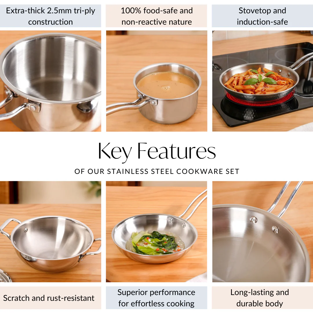 Triply Stainless Steel Kadai Frying Pan And Saucepan Cookware Set - Image 4