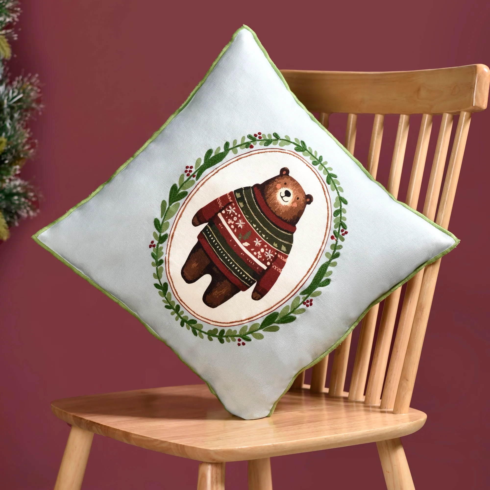 Tufted Embroidery Bear Cotton Cushion Cover 40x40cm - Image 2