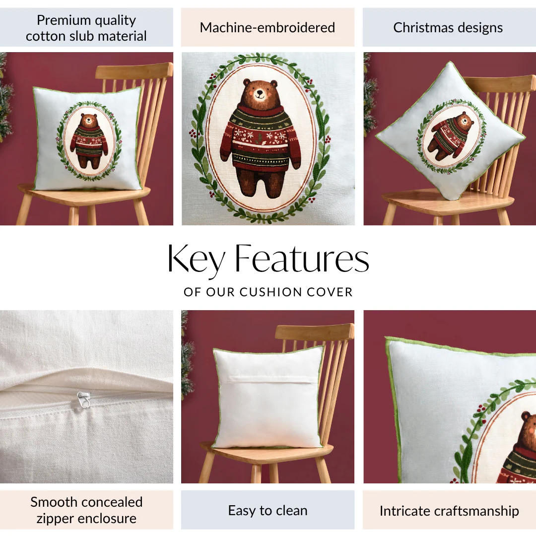 Tufted Embroidery Bear Cotton Cushion Cover 40x40cm - Image 4
