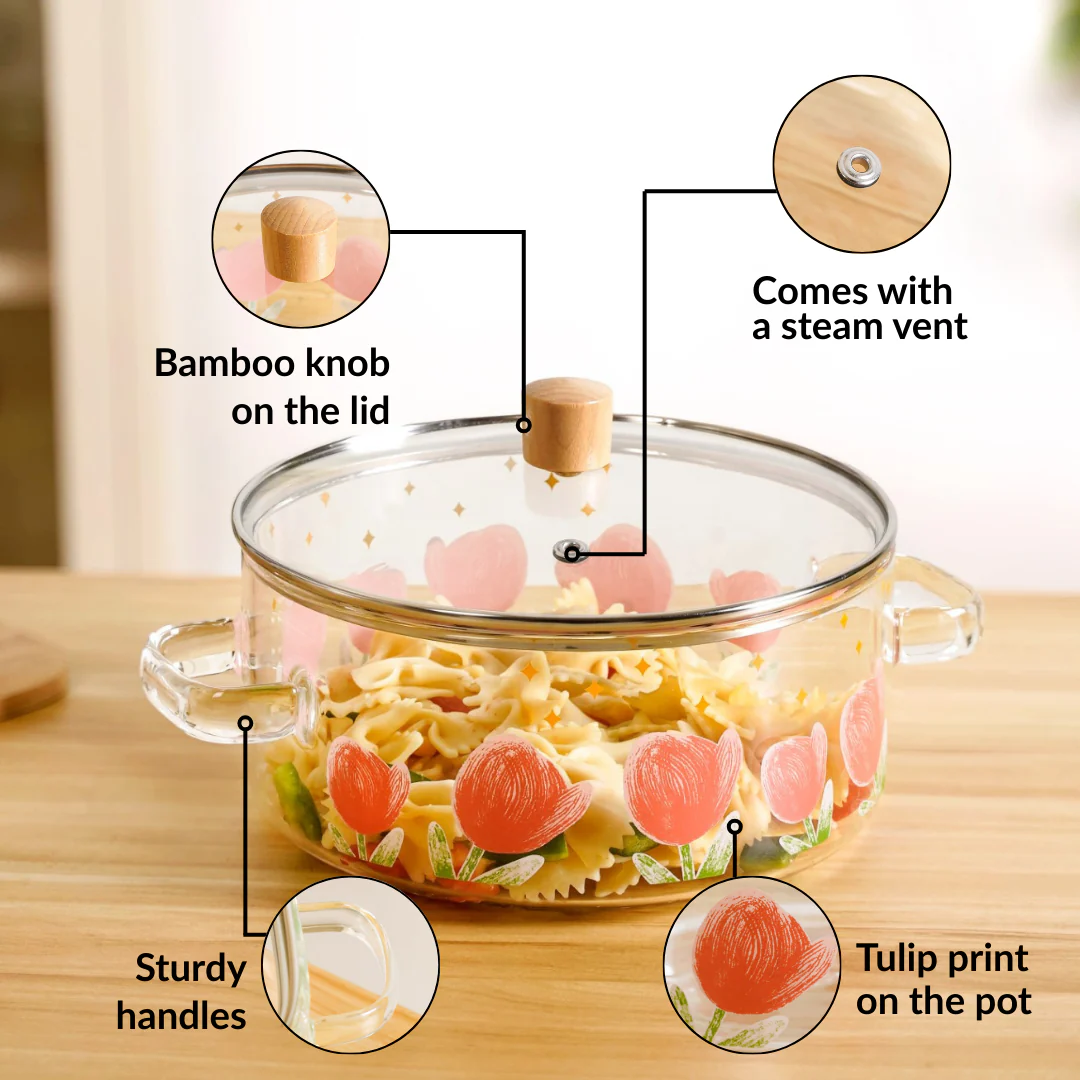 Tulip Flame Safe Glass Cooking Pot With Lid 2500ml - Image 3