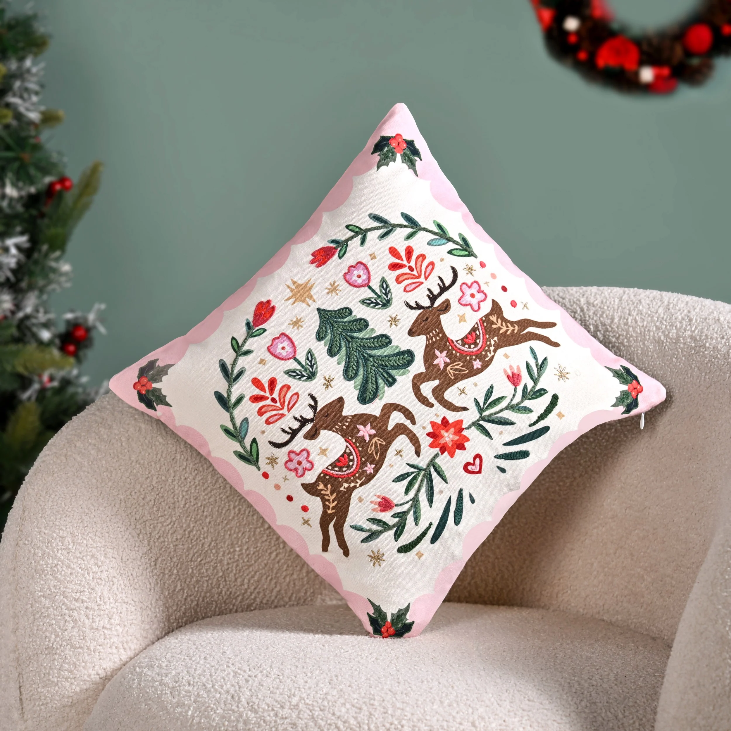 Twin Reindeers Embroidered Cotton Cushion Cover 40x40cm - Image 2