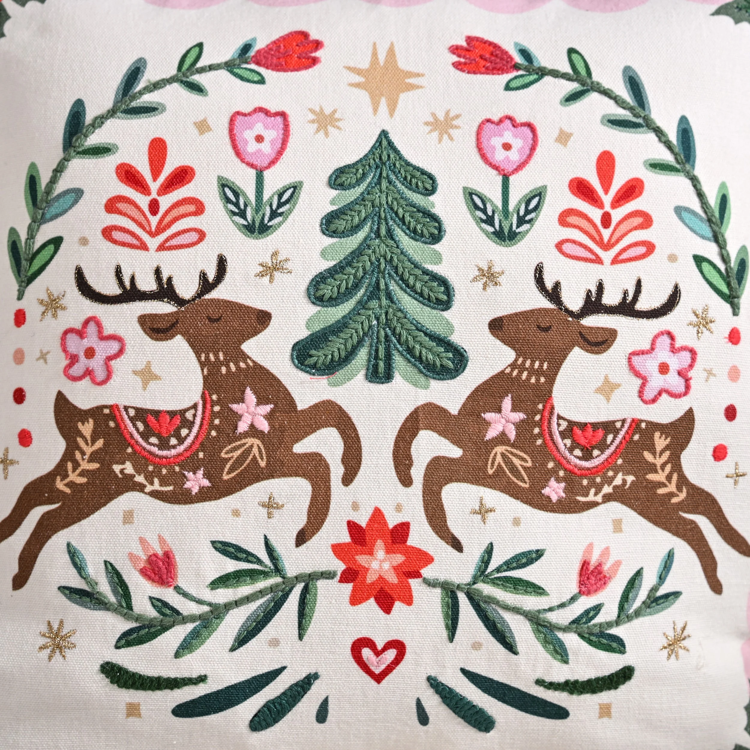 Twin Reindeers Embroidered Cotton Cushion Cover 40x40cm - Image 3