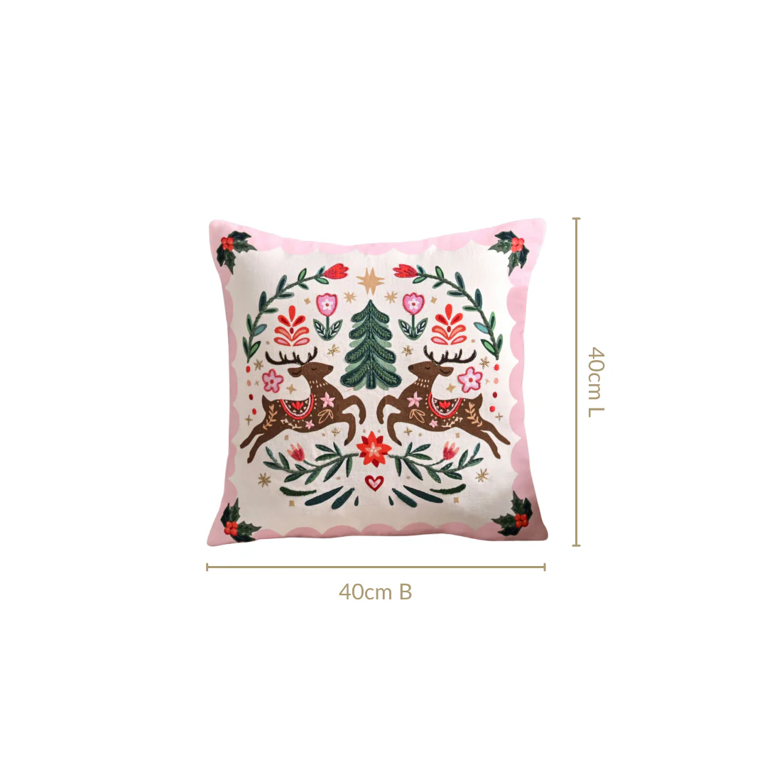 Twin Reindeers Embroidered Cotton Cushion Cover 40x40cm - Image 4