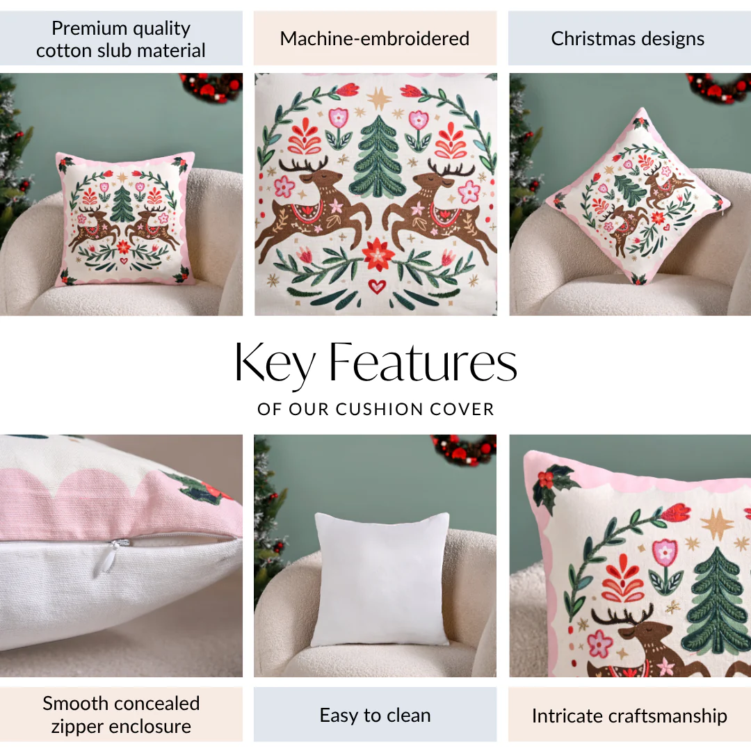 Twin Reindeers Embroidered Cotton Cushion Cover 40x40cm - Image 5