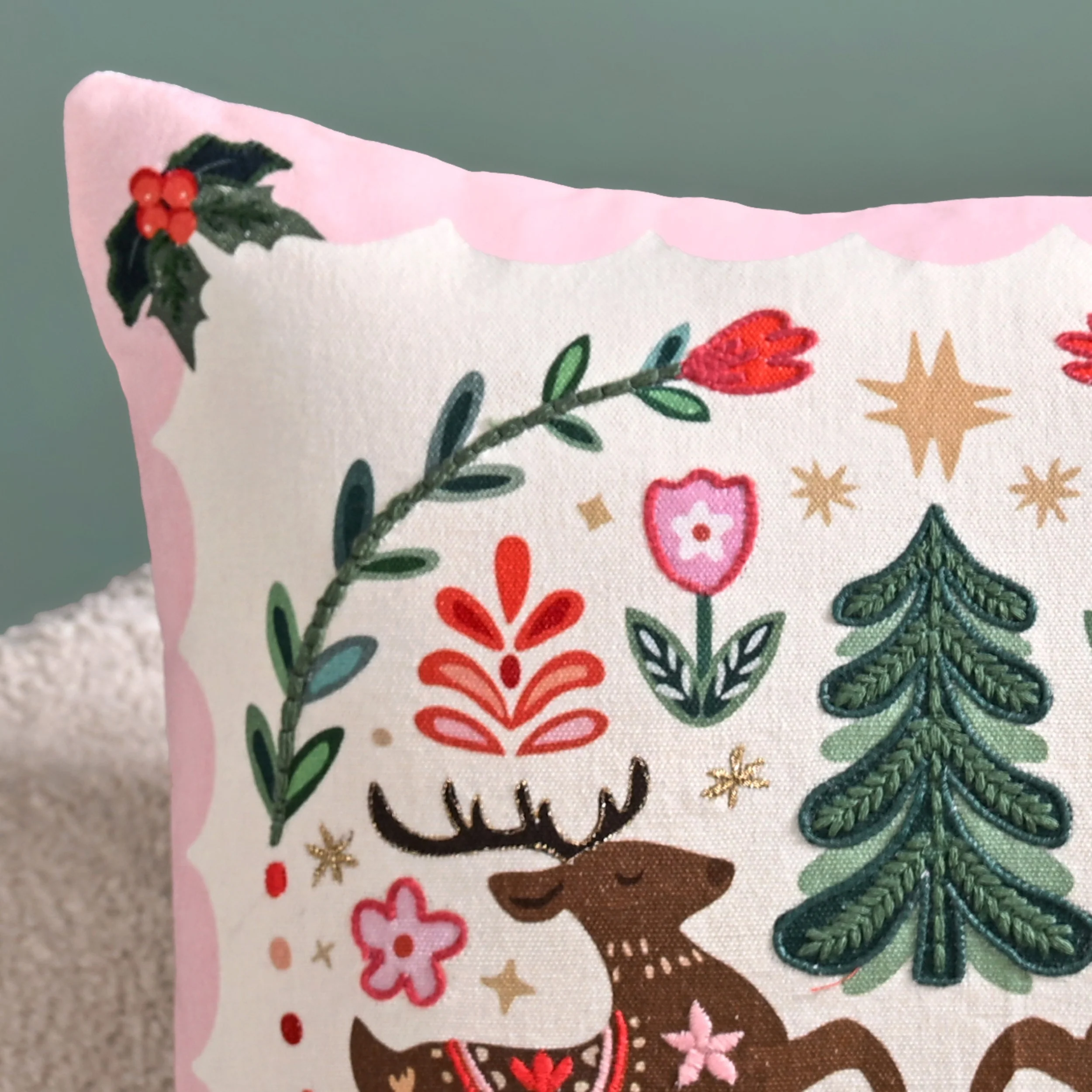 Twin Reindeers Embroidered Cotton Cushion Cover 40x40cm - Image 6