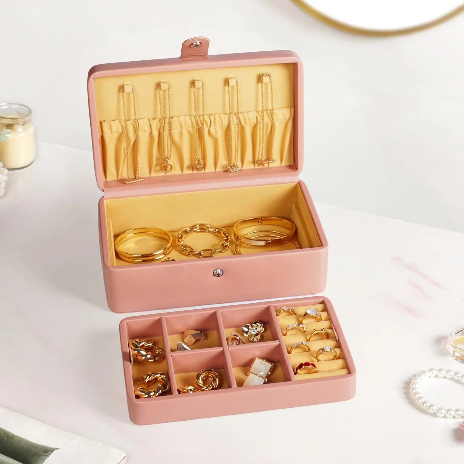 Vegan Leather Two Tier Jewellery Box Pink - Image 11