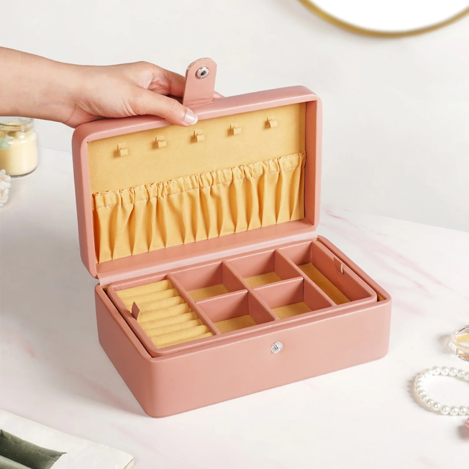 Vegan Leather Two Tier Jewellery Box Pink - Image 2