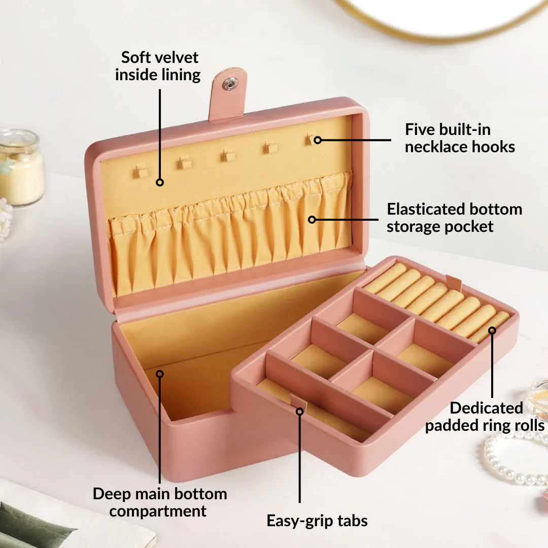 Vegan Leather Two Tier Jewellery Box Pink - Image 4