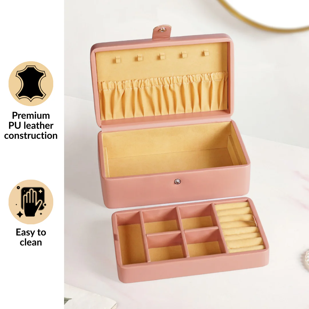Vegan Leather Two Tier Jewellery Box Pink - Image 5