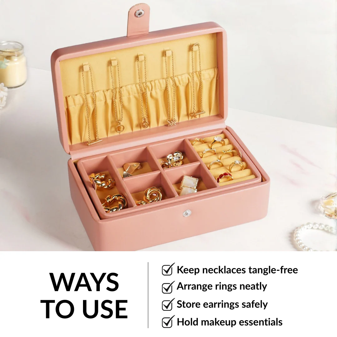 Vegan Leather Two Tier Jewellery Box Pink - Image 8