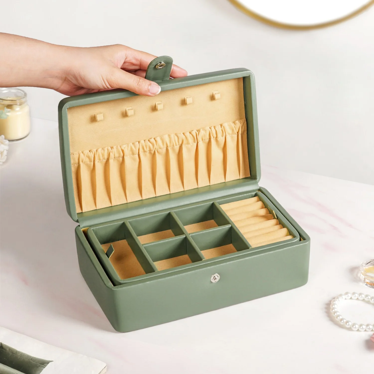 Vegan Leather Two Tier Jewellery Box Sage Green - Image 2