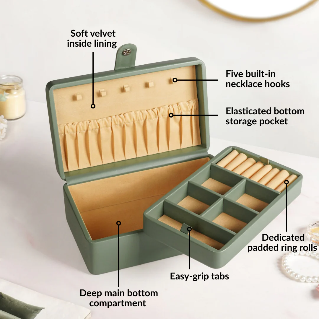 Vegan Leather Two Tier Jewellery Box Sage Green - Image 4