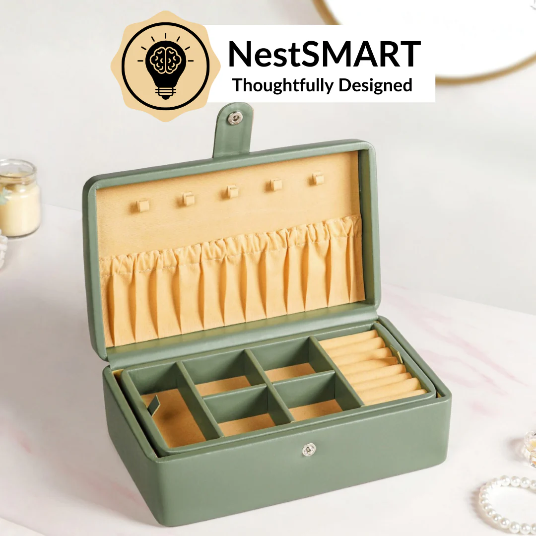 Vegan Leather Two Tier Jewellery Box Sage Green - Image 6