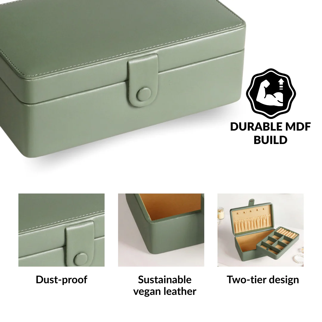 Vegan Leather Two Tier Jewellery Box Sage Green - Image 7