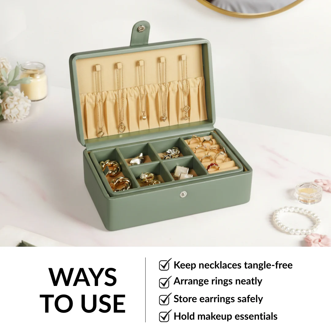 Vegan Leather Two Tier Jewellery Box Sage Green - Image 8