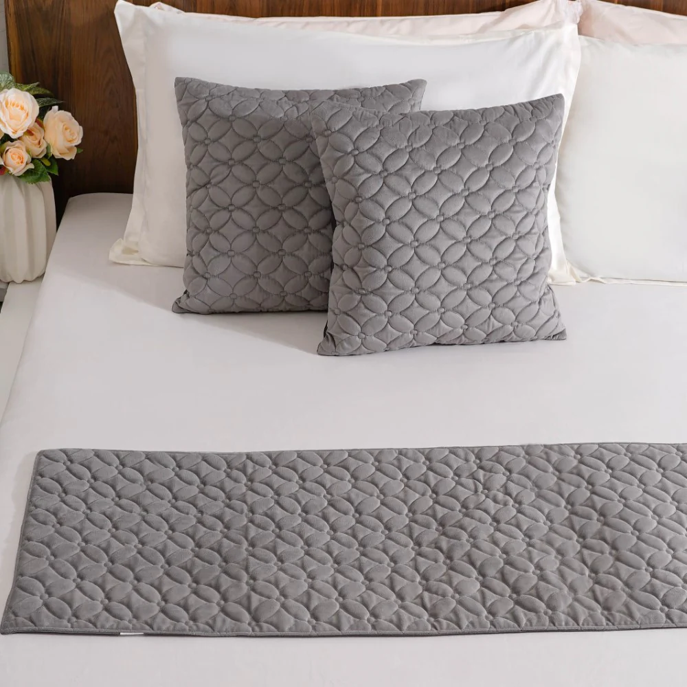 Velvet Cushion Cover & Bed Runner Set Of 3 Grey - Image 3