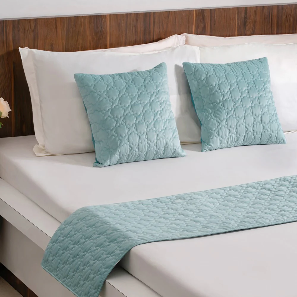 Velvet Cushion Cover & Table Runner Set Of 3 Blue - Image 3